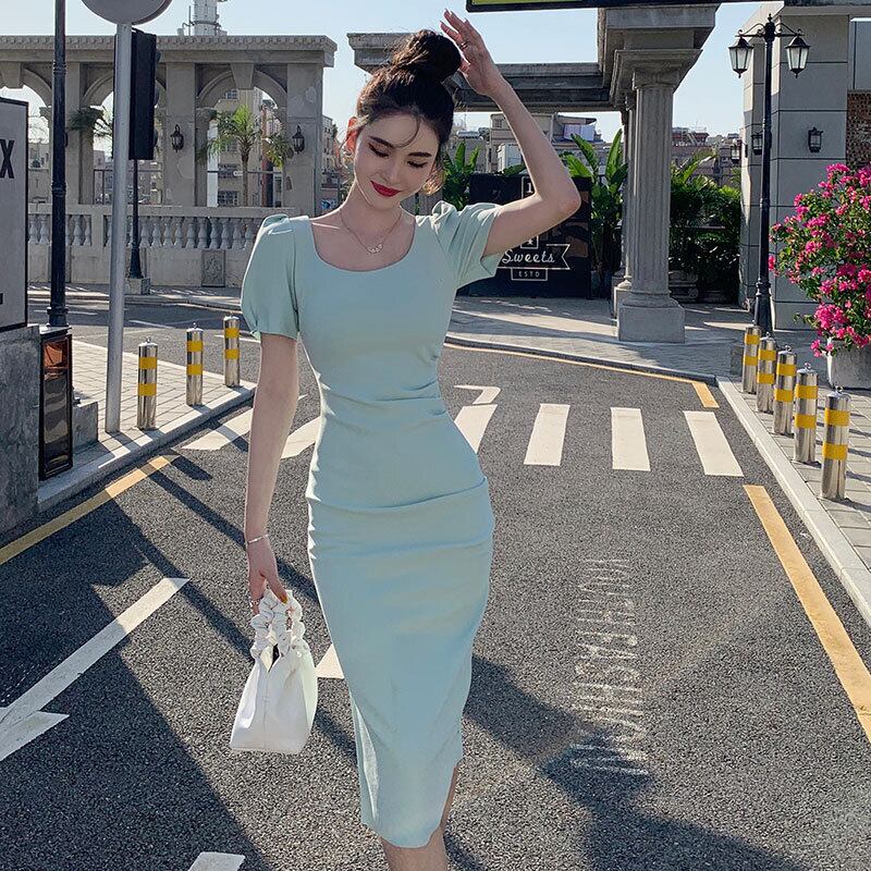 【dress】一目惚れ！韓国風INS風OL通勤スクエアネック半袖パフ袖スリット無地タイトワンピースF2364