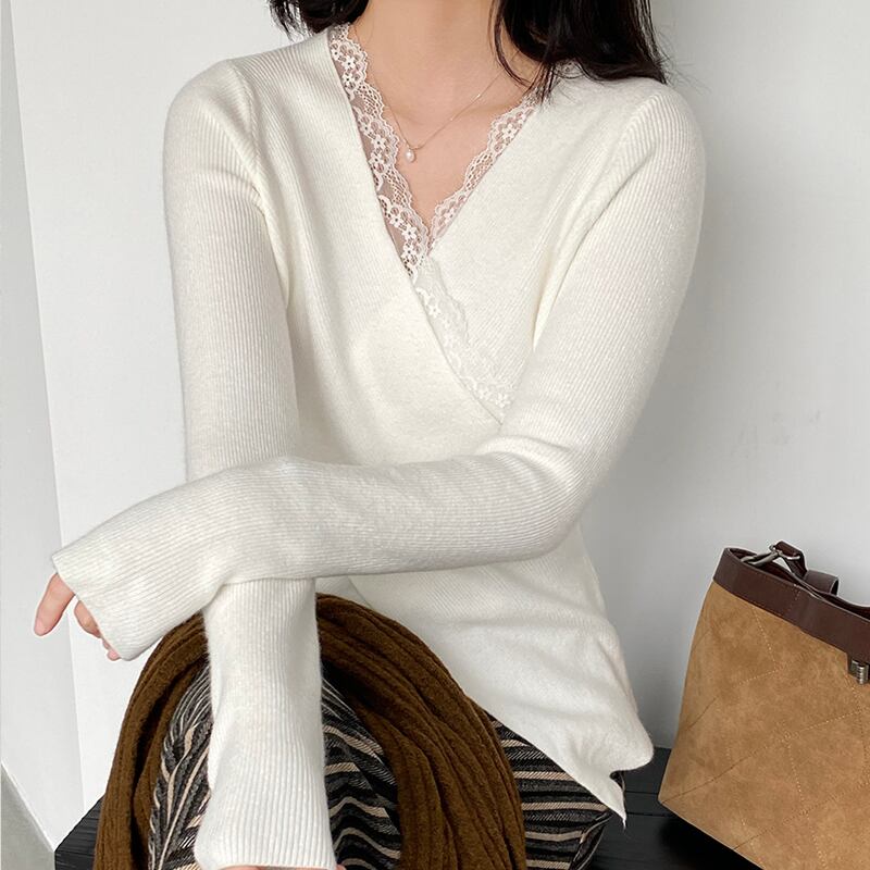 【tops】レース付きクロスニットトップス Q7238