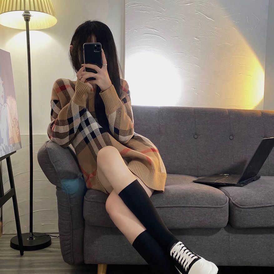 【tops】チェック柄長袖ニットセーターF8145