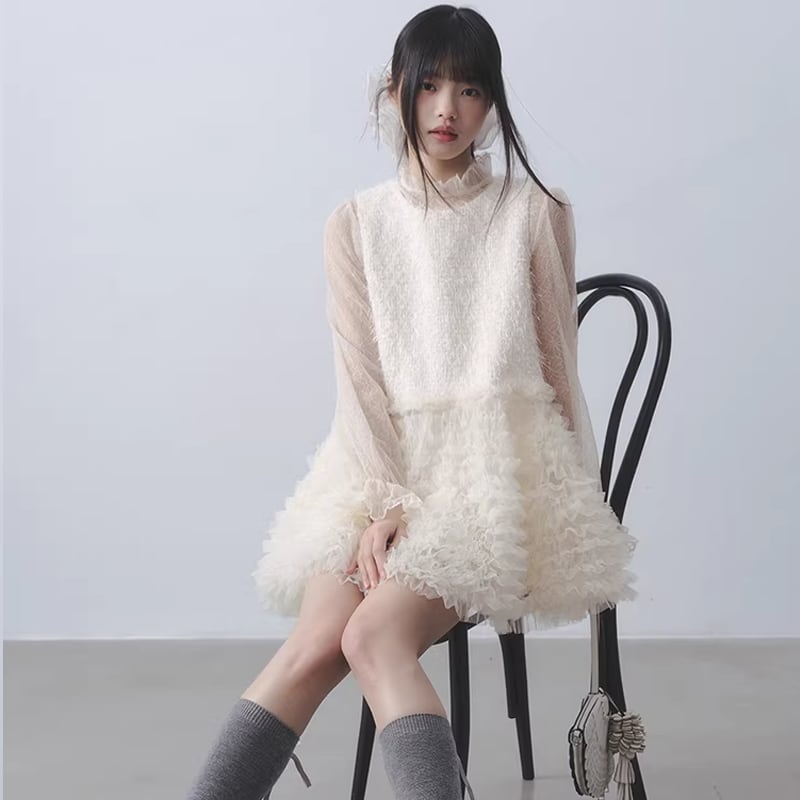 【dress】ギャザーフリルチュールドッキングベストワンピース Q7962
