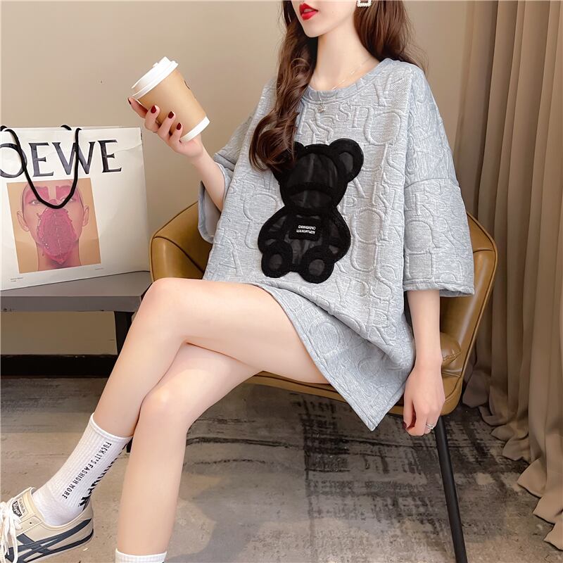 【tops】オシャレ度満点〜2色ラウンドネック半袖配色着回しゆったりTシャツF0156