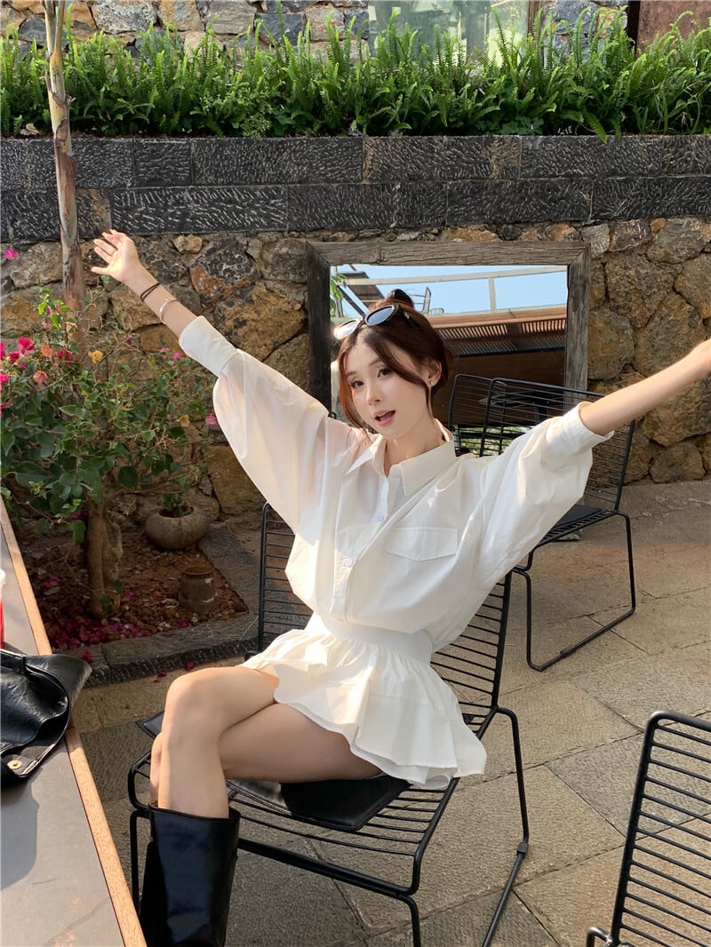 【set】POLOネックブラウス+スカート２点セットG21434