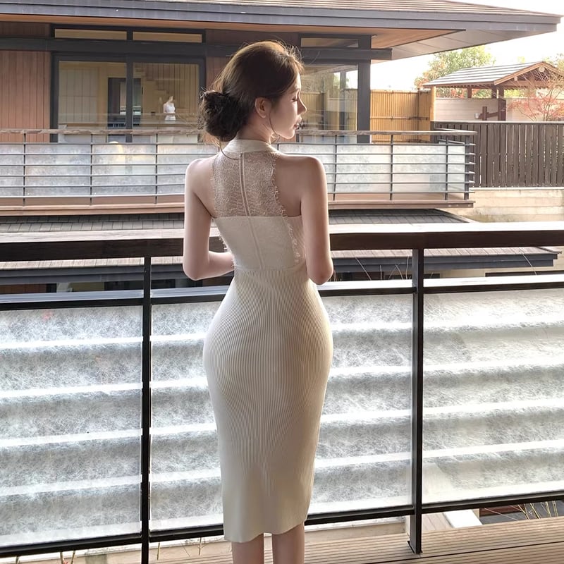 【dress】レースドッキングロングニットワンピース Q8002