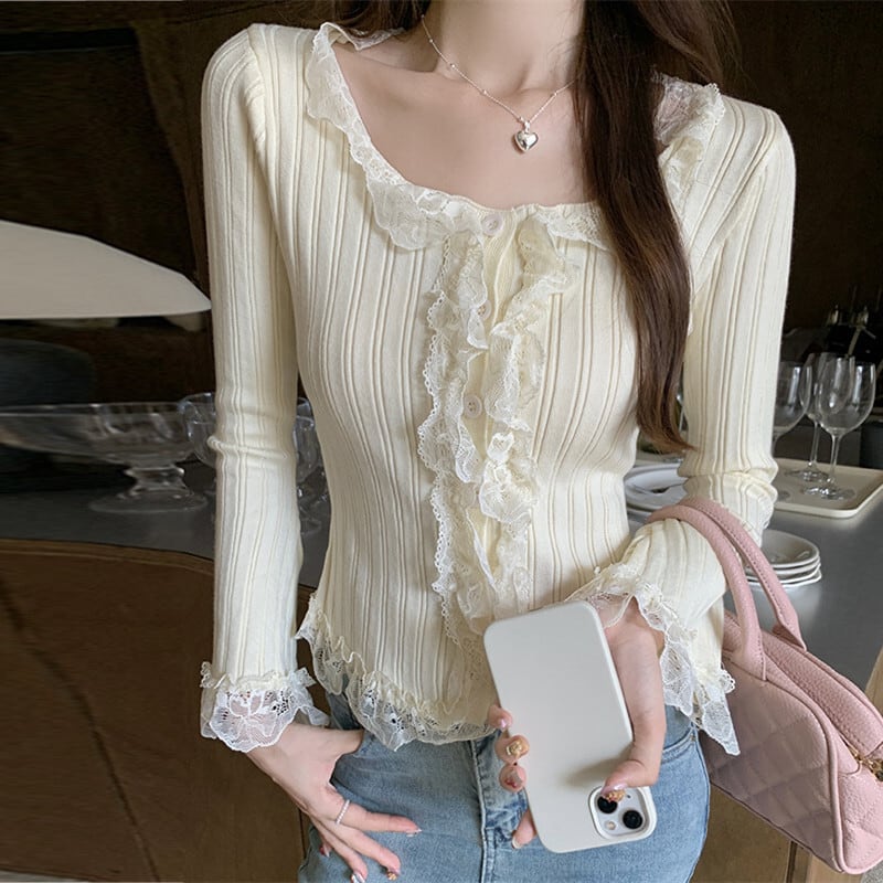 【tops】レース切り替えニットトップス　M27759