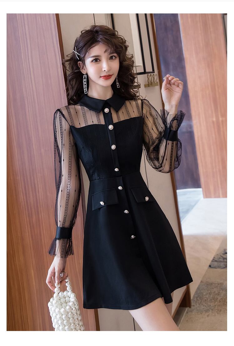 【dress】ファッション好感度UP!気質満点レトロPOLOネック切り替え着痩せワンピース