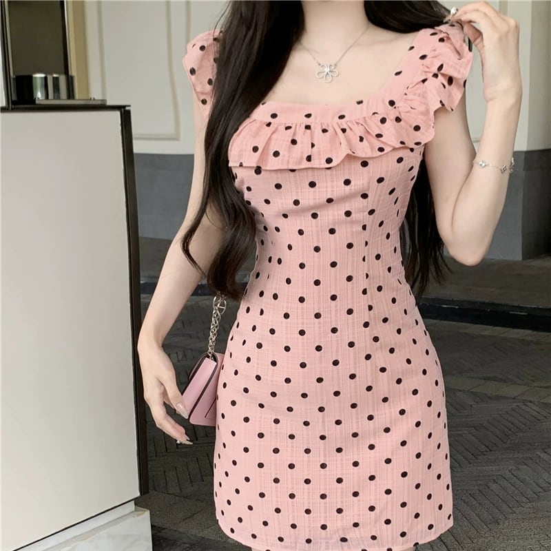 【dress】ギャザーフリルドット柄ミニワンピース Q8510