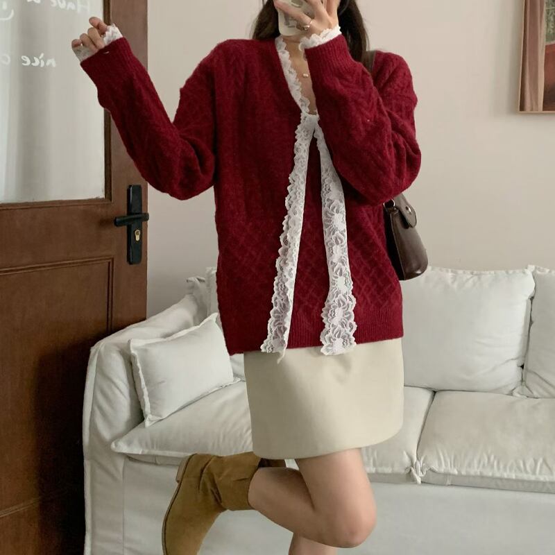 【tops】レースドッキングニットトップス Q7681
