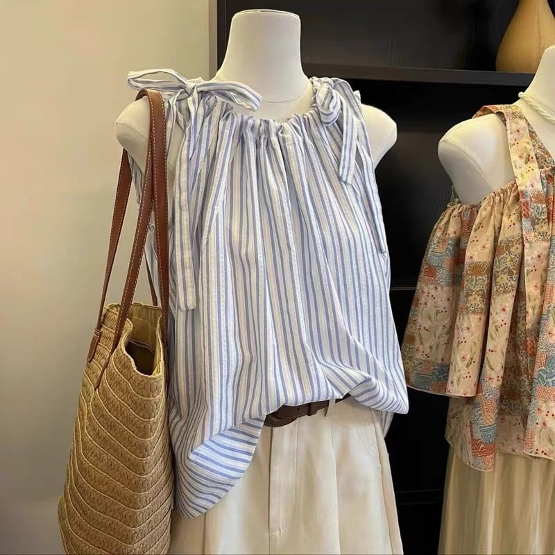 【tops】ノースリーブストライプ柄タンクトップF7508