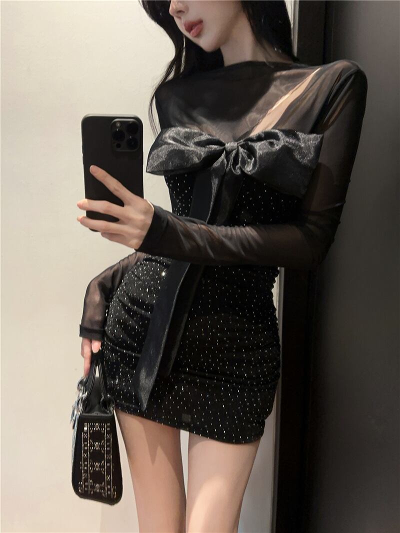 【dress】チュールコンビビジューリボン付きワンピース　M29784
