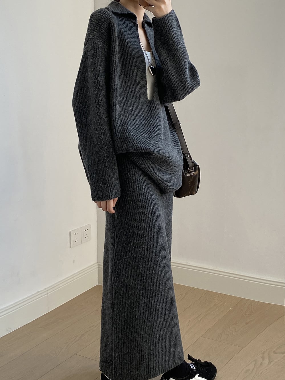 【set】Vネックニットトップス×ロングスカートセット　N3441