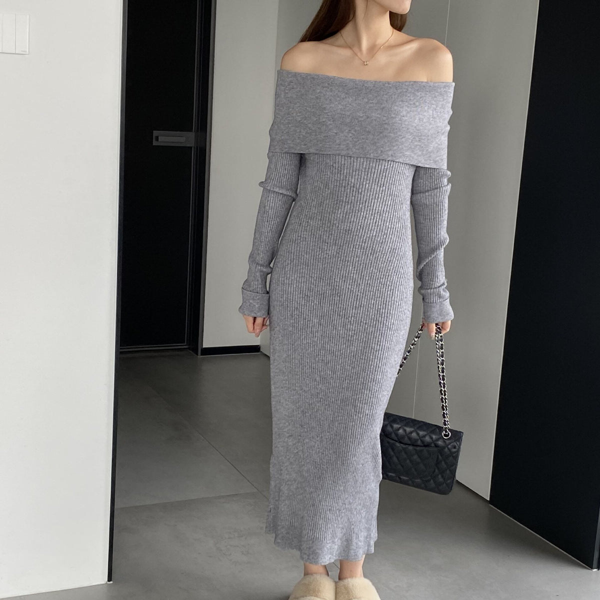 【dress】ボートネックニットワンピース　M18734
