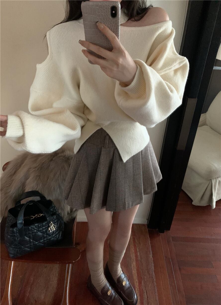 【set】オフショルダーニットセーター×キュロットパンツセット　M28427