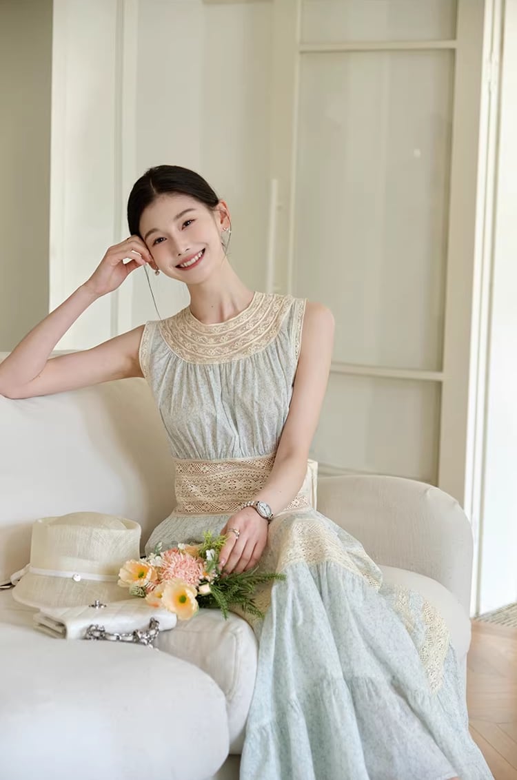 【dress】レースドッキングロングワンピース Q8386