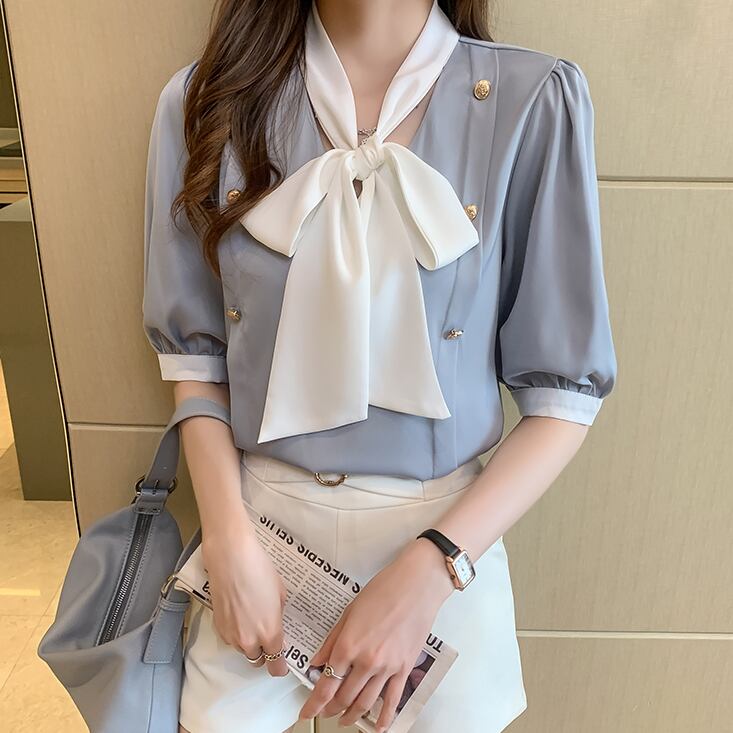 【tops】韓国ファッションタイカラー半袖配色着回しシンプルゆったりブラウスF0131