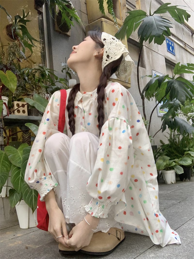 【set】ドット柄トップス×ワイドパンツセット　M24768