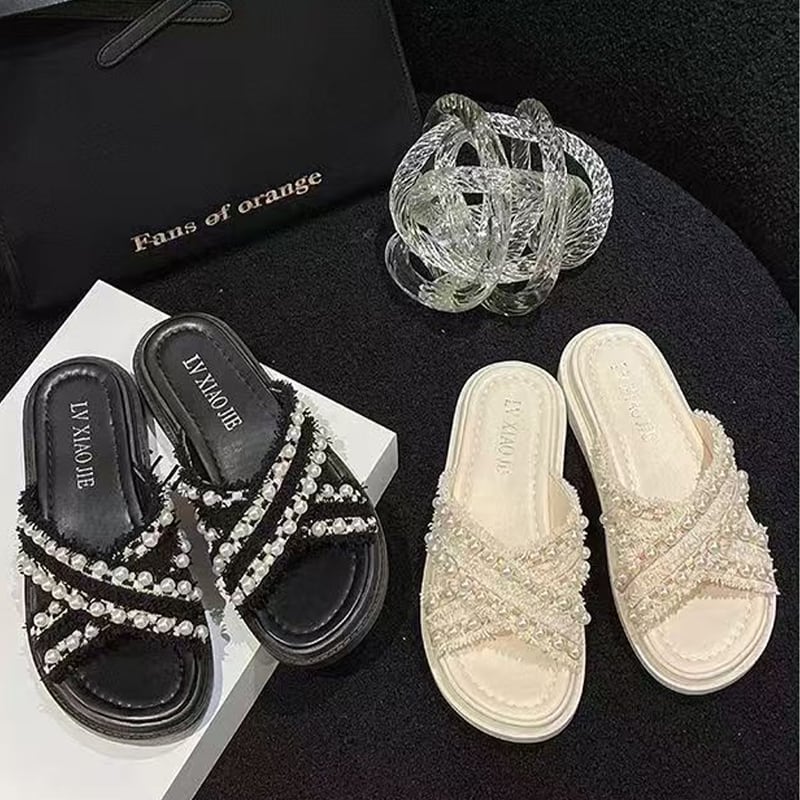 【Shoes】パール付きサンダル Q8427