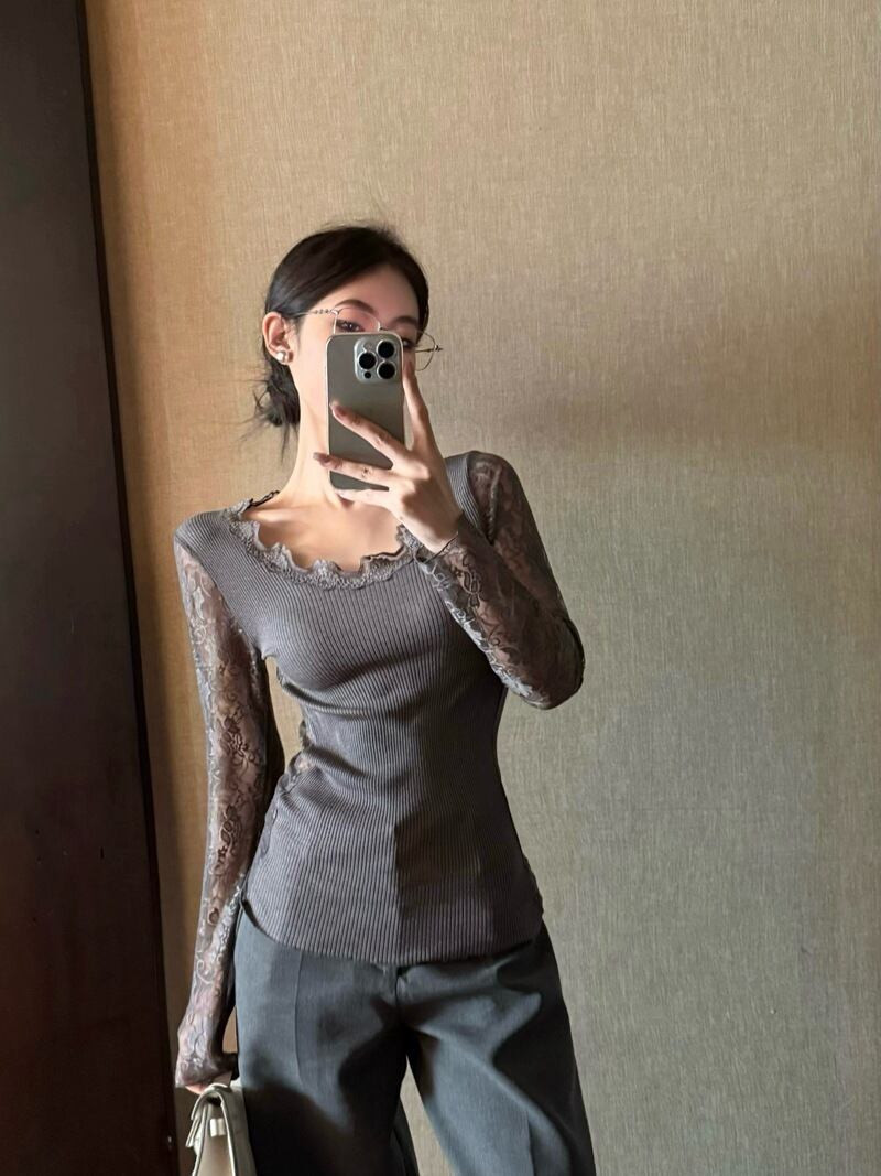 【tops】レース切り替えニットトップス　M27945
