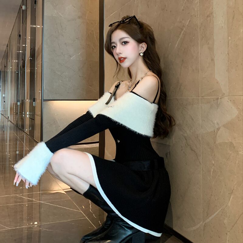 【dress】ストラップショルダーニットワンピース Q6849