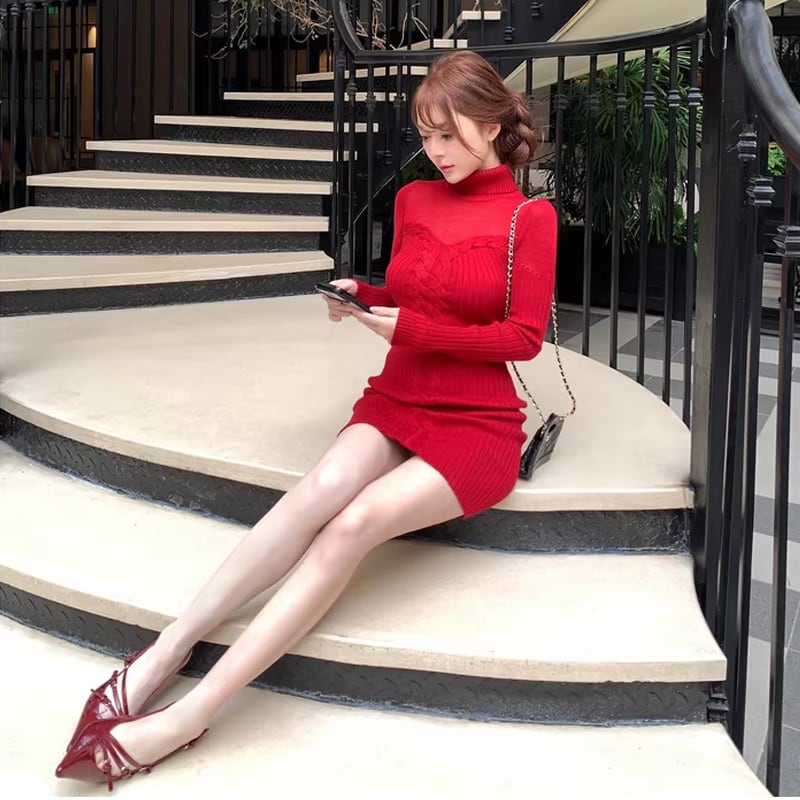 【dress】ハイネックニットワンピース Q7813