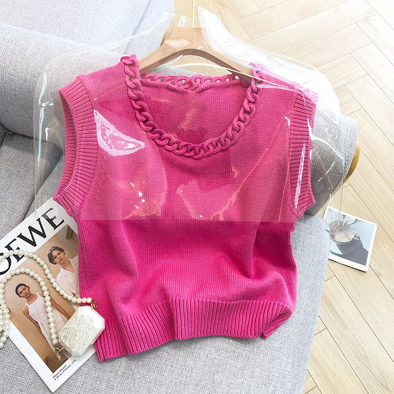 【tops】夏新作ラウンドネックノースリーブ無地透かし彫り着回しニットタンクトップF5620