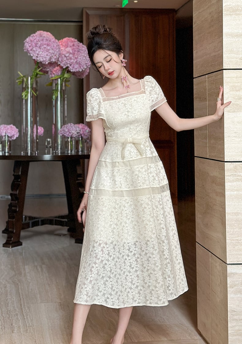 【dress】半袖スクエアネックレースロングワンピース Q8482