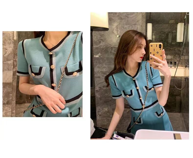 【dress】一目惚れ！2022夏新作韓国ファッションラウンドネック半袖配色薄手ニットセレブワンピースF2446