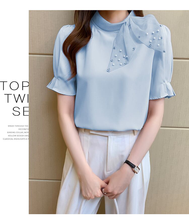 【tops】美人度アップ!スウィートリボンルーズシフォンパフスリーブフランス風シャツ G6683