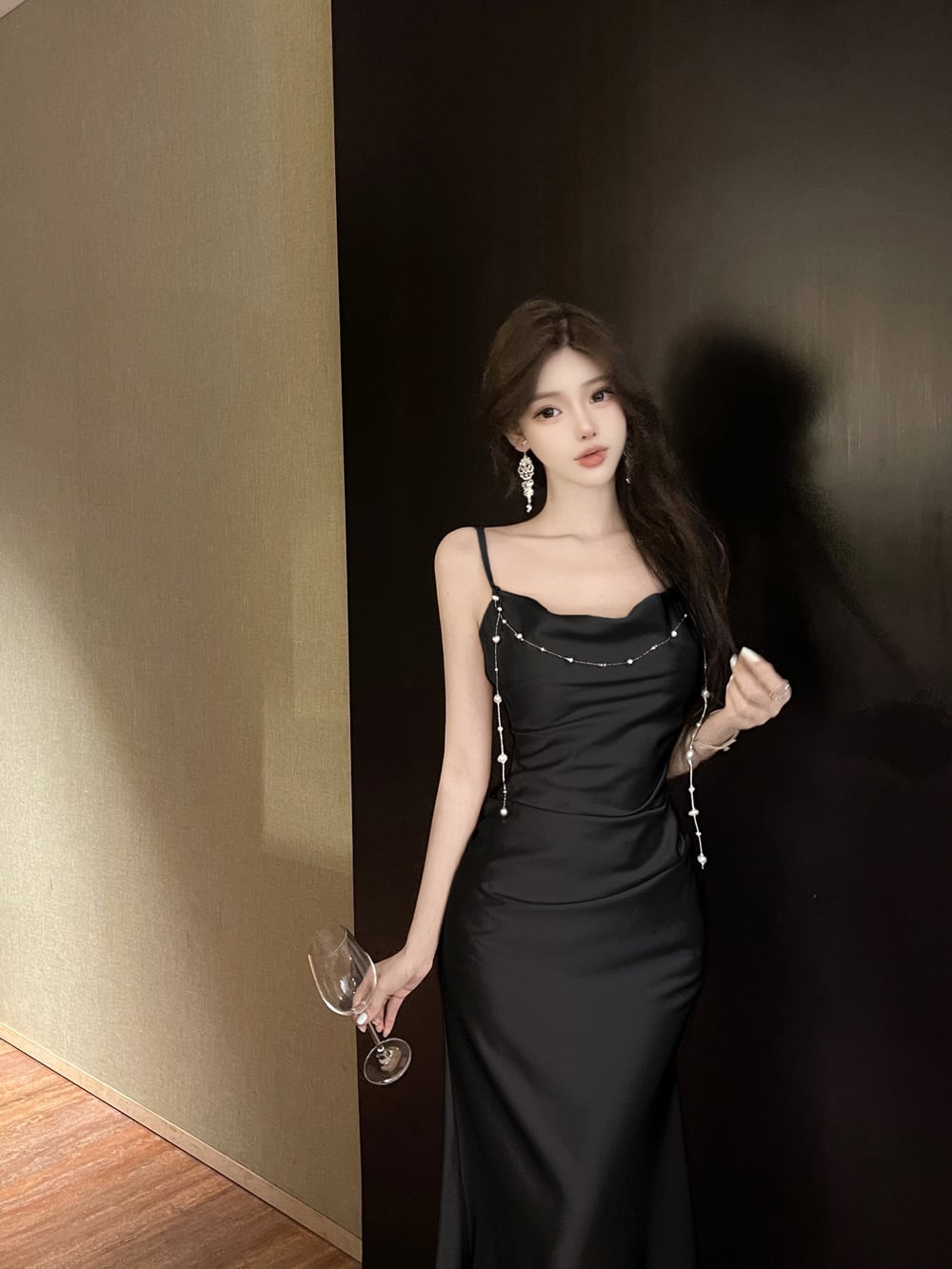 【dress】パール付きロングキャミワンピース Q7994