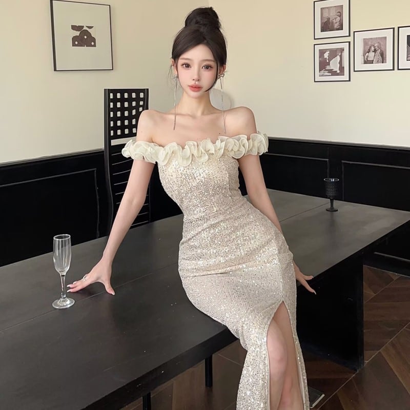 【dress】スパンコール付きオフショルダーロングワンピース Q8041