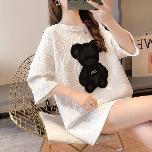 【tops】オシャレ度満点〜2色ラウンドネック半袖配色着回しゆったりTシャツF0156