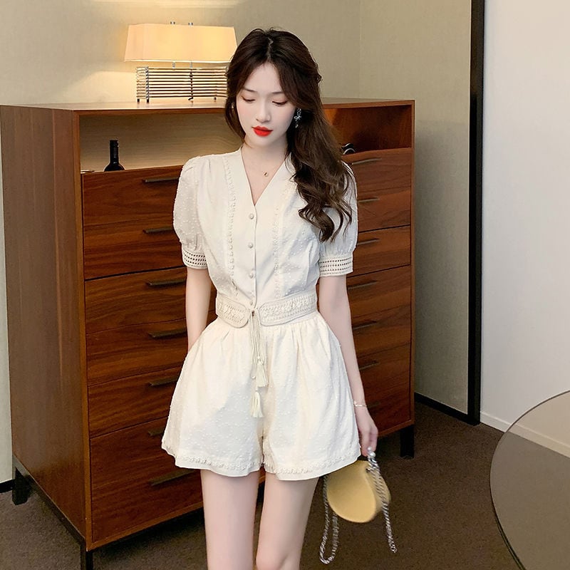 【set】Vネックトップス+ショートパンツ2点セットF7486