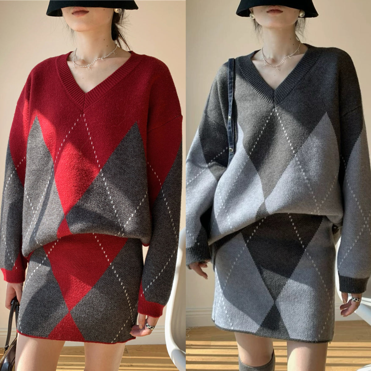 【set】アーガイル柄ニットトップス×ミニスカートセット　N3433