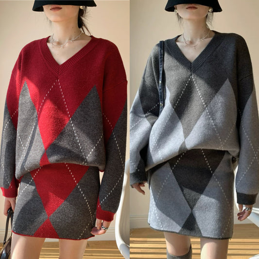 【set】アーガイル柄ニットトップス×ミニスカートセット　N3433