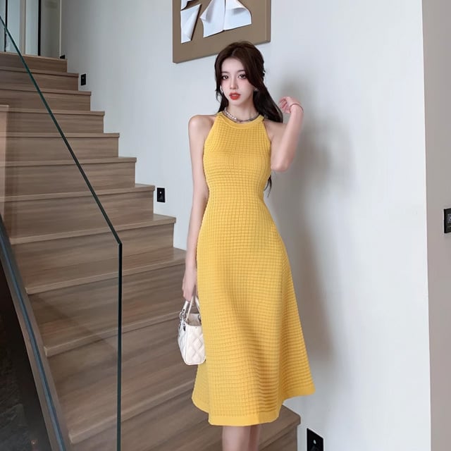 【dress】ホルターネックAラインニットワンピースF7458