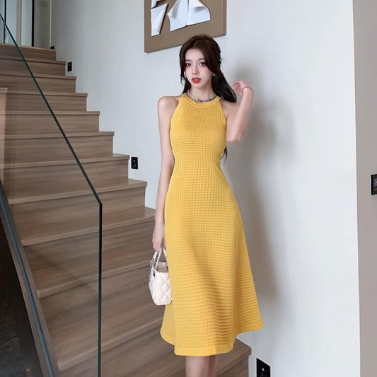【dress】ホルターネックAラインニットワンピースF7458