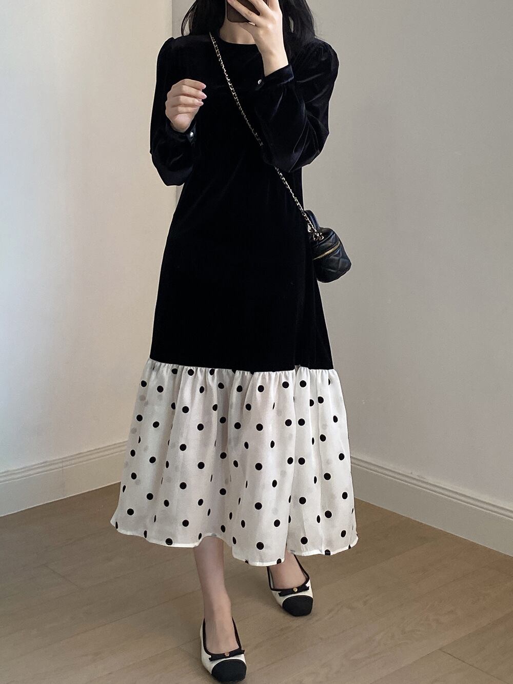 【dress】ドット柄ドッキングワンピース　M29743