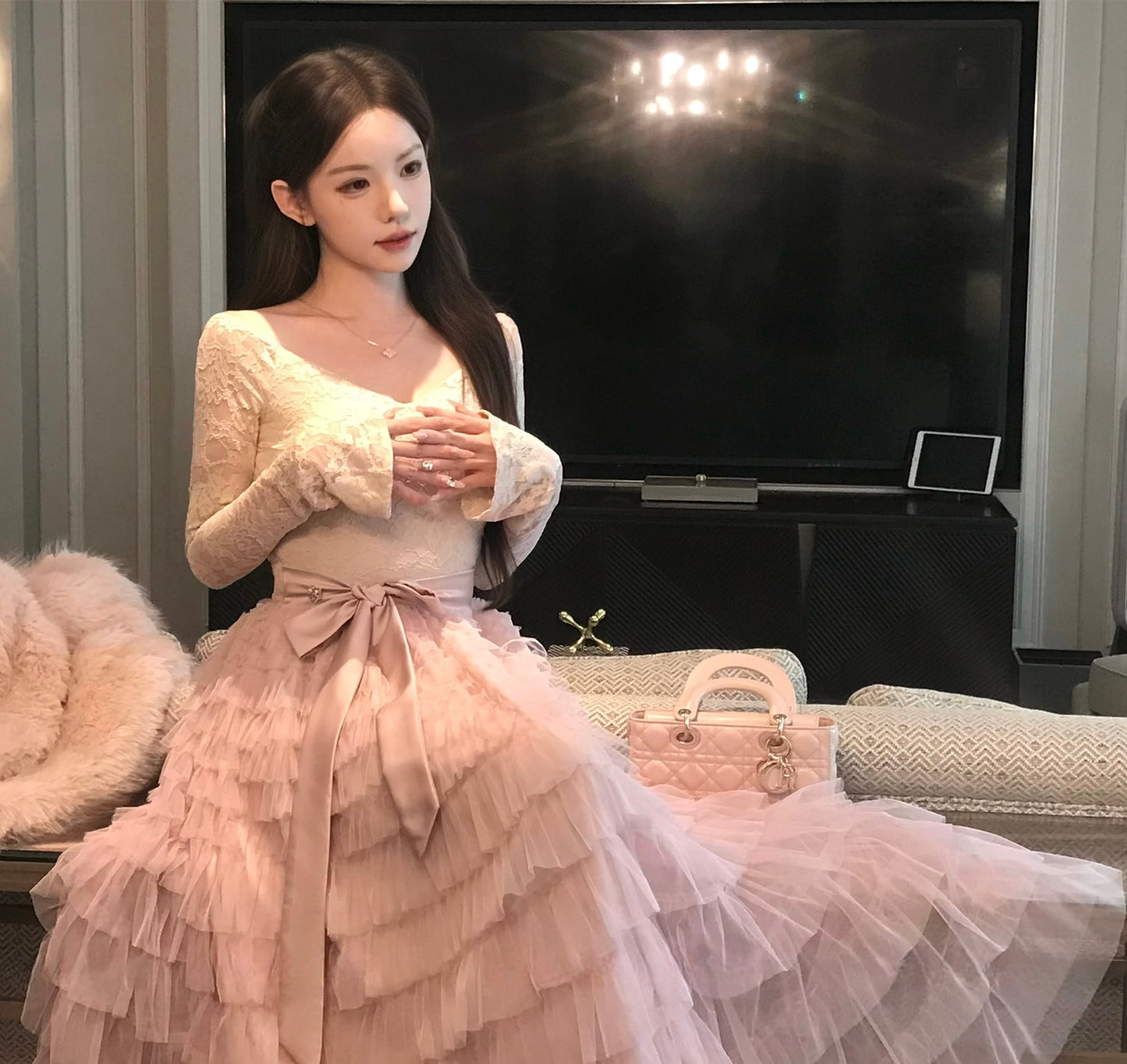 【dress】レースドッキングティアードワンピース　N3475