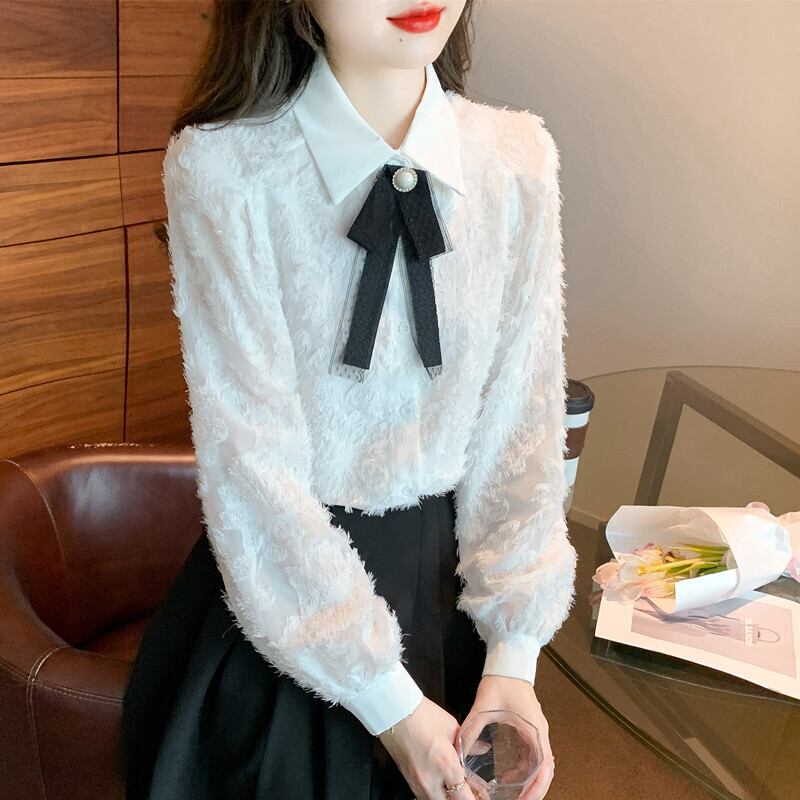 【tops】リボン付きレースシャツトップス　M18686