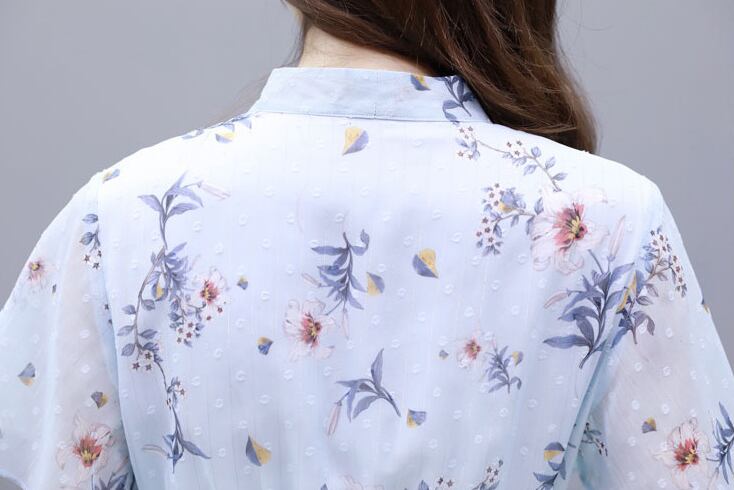 【dress】清新スウィート〜タイカラーフレアスリーブ韓国風ギャザー花柄ワンピースF0296