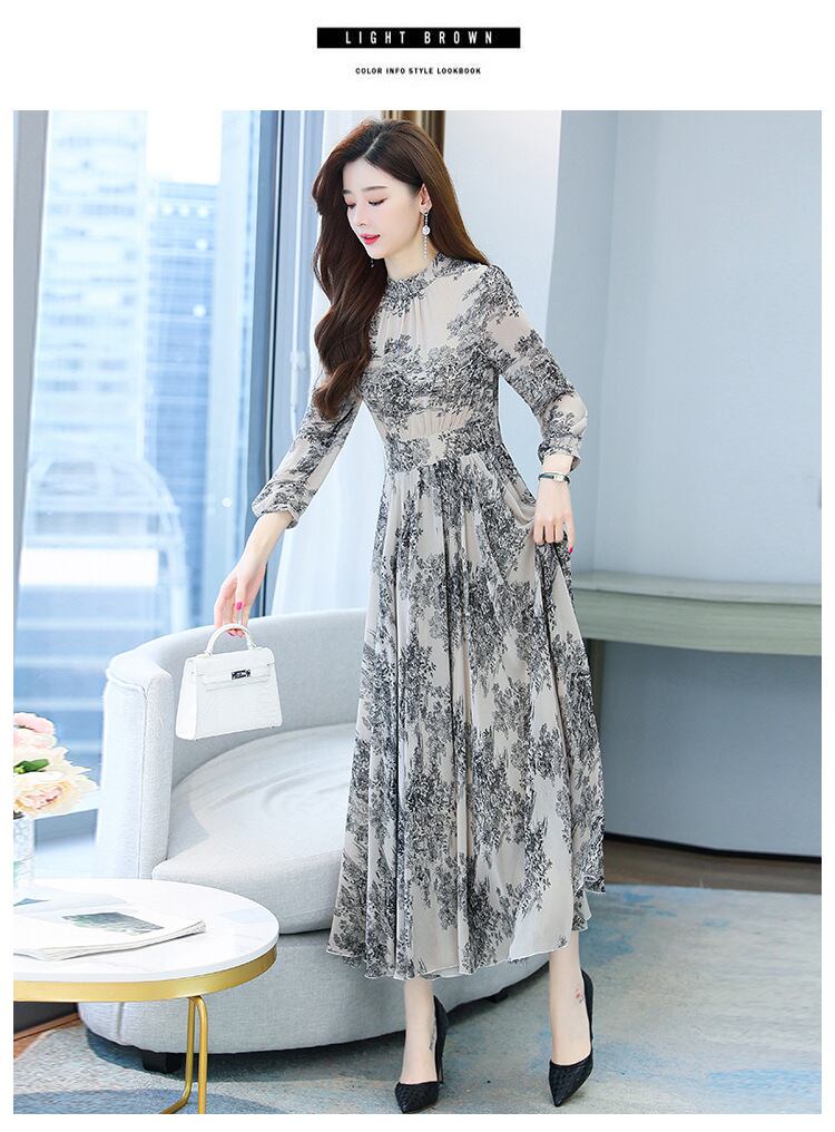 【dress】今季トレンド7分袖ウェスト絞りギャザー海旅行花柄配色大振り子シフォンロング丈ワンピースF1732