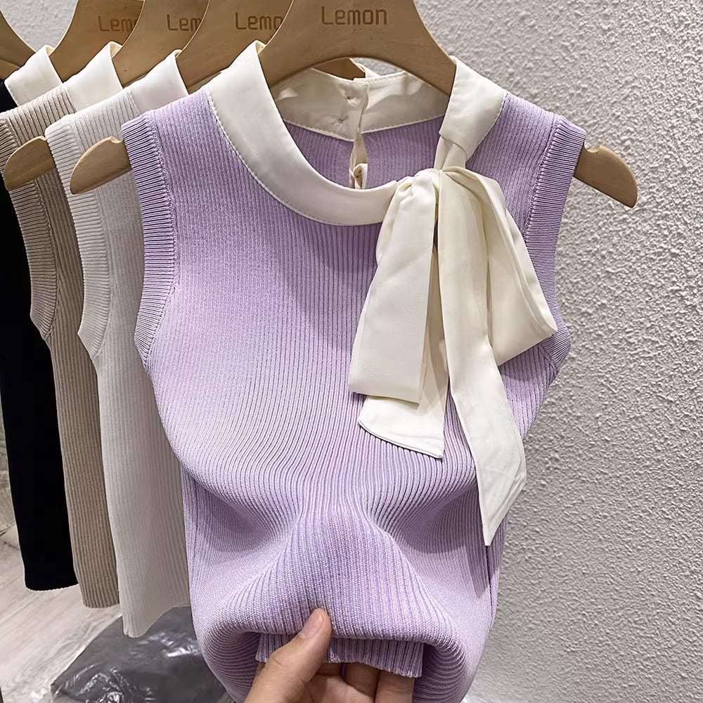 【tops】タイカラーニットタンクトップF7262