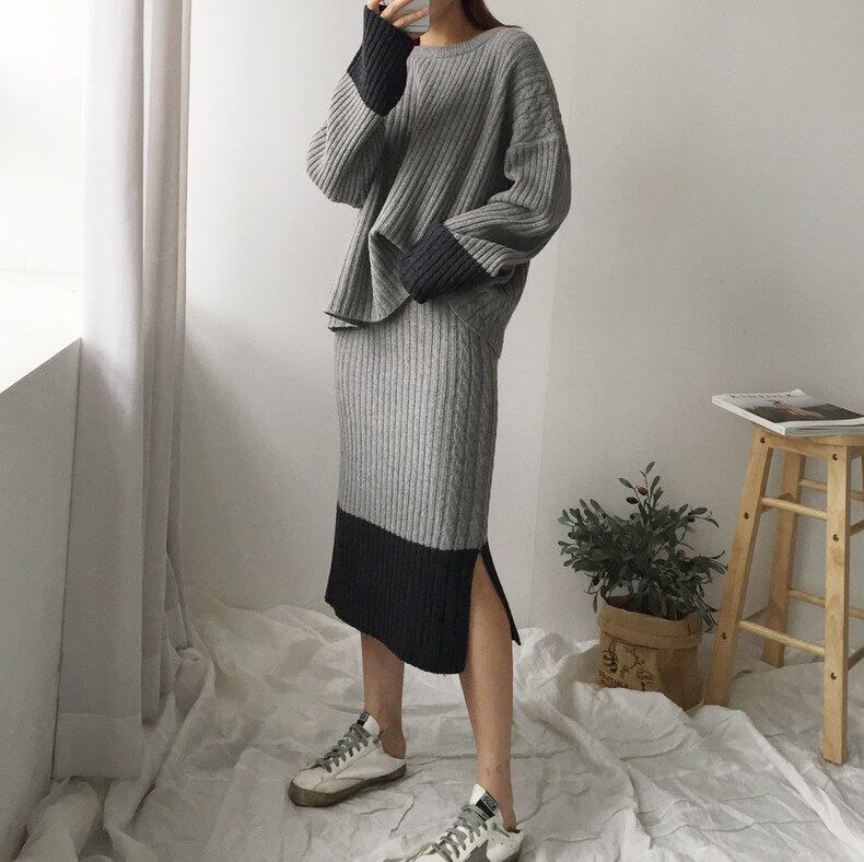 【set】ニットトップス×スリットスカートセット　N2120