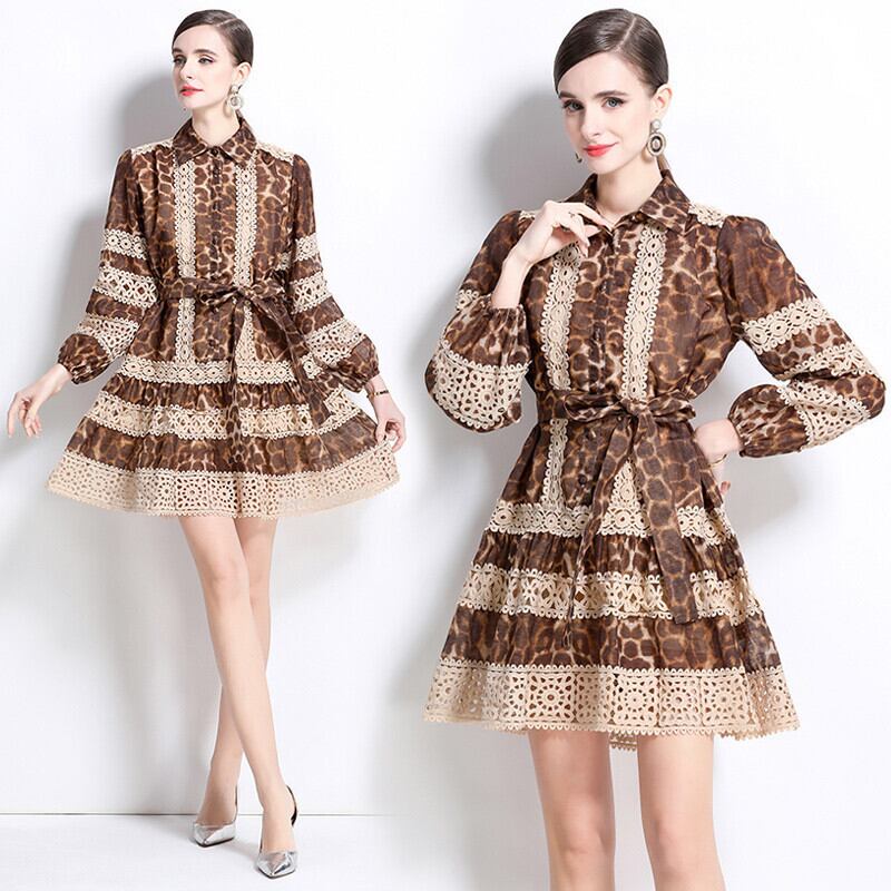 【dress】レース切り替えプリントワンピース　M30107