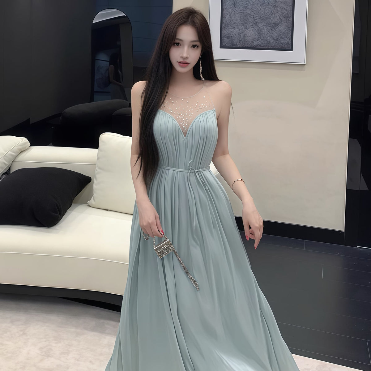 【dress】ラインストーン付きチュールドッキングロングワンピース Q8377