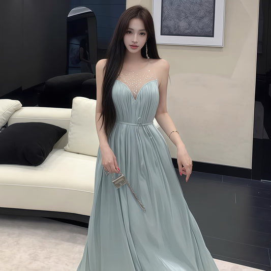 【dress】ラインストーン付きチュールドッキングロングワンピース Q8377