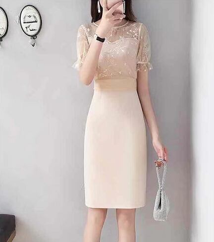 【dress】気質溢れる♪エレガントOL通勤ラウンドネックラッパ袖レース切り替えデートワンピースF2026