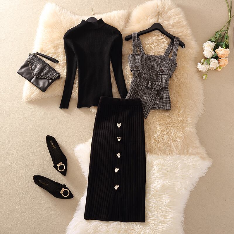 【set】秋冬新作!気質満点レトロニットトップス+ベスト+スカートオシャレ3点セット G2879