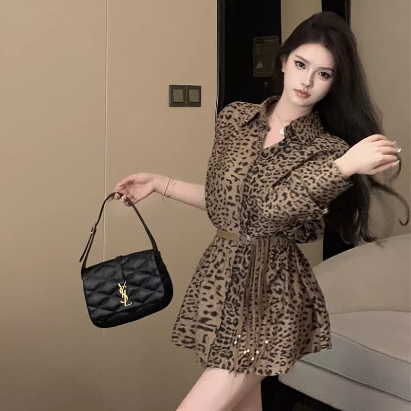 【dress】ベルト付きヒョウ柄シャツワンピース Q8279