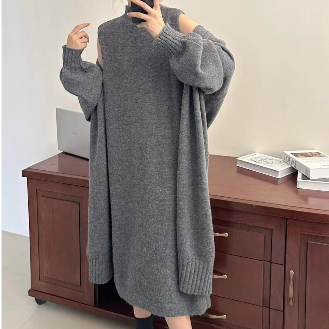 【set】ロング丈ニットカーデ×ベストワンピースセット　M26378