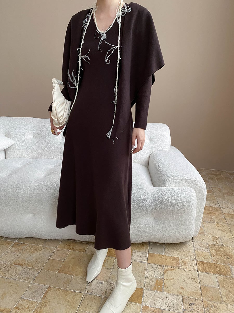 【dress】ショール付きニットワンピース Q7003